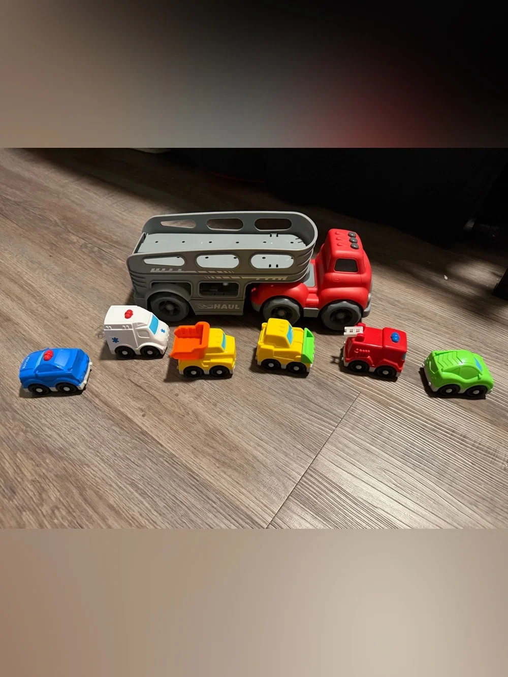 Kids Red and Gray Haul Truck Playset with 6 Mini Vehicles (cop, firetruck, etc)